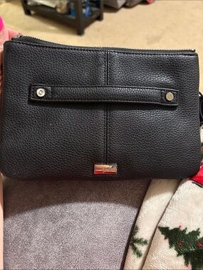 Black Pebbled Leather Wristlet Clutch -
